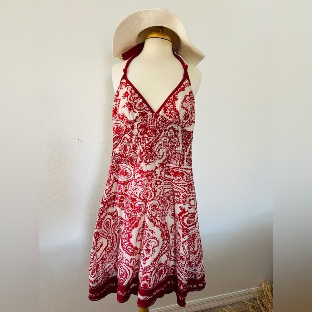 Lyndia Procanik Red White Paisley Halter Dress Size 6 Boho Sundress
